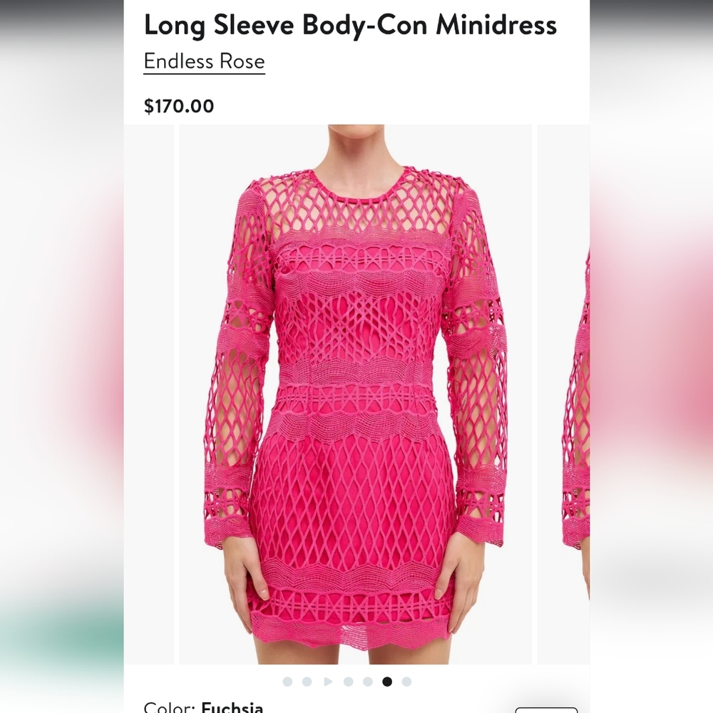 Endless Rose - Long Sleeve Crochet Mini Dress - Fuchsia - Picture 6 of 7